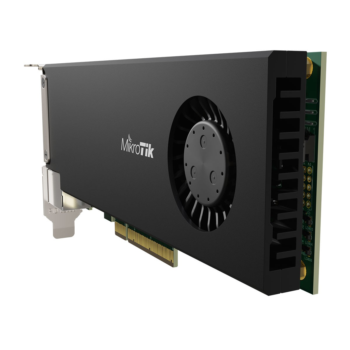 Scheda di rete Mikrotik nera con dissipatore di calore e connettore dorato.