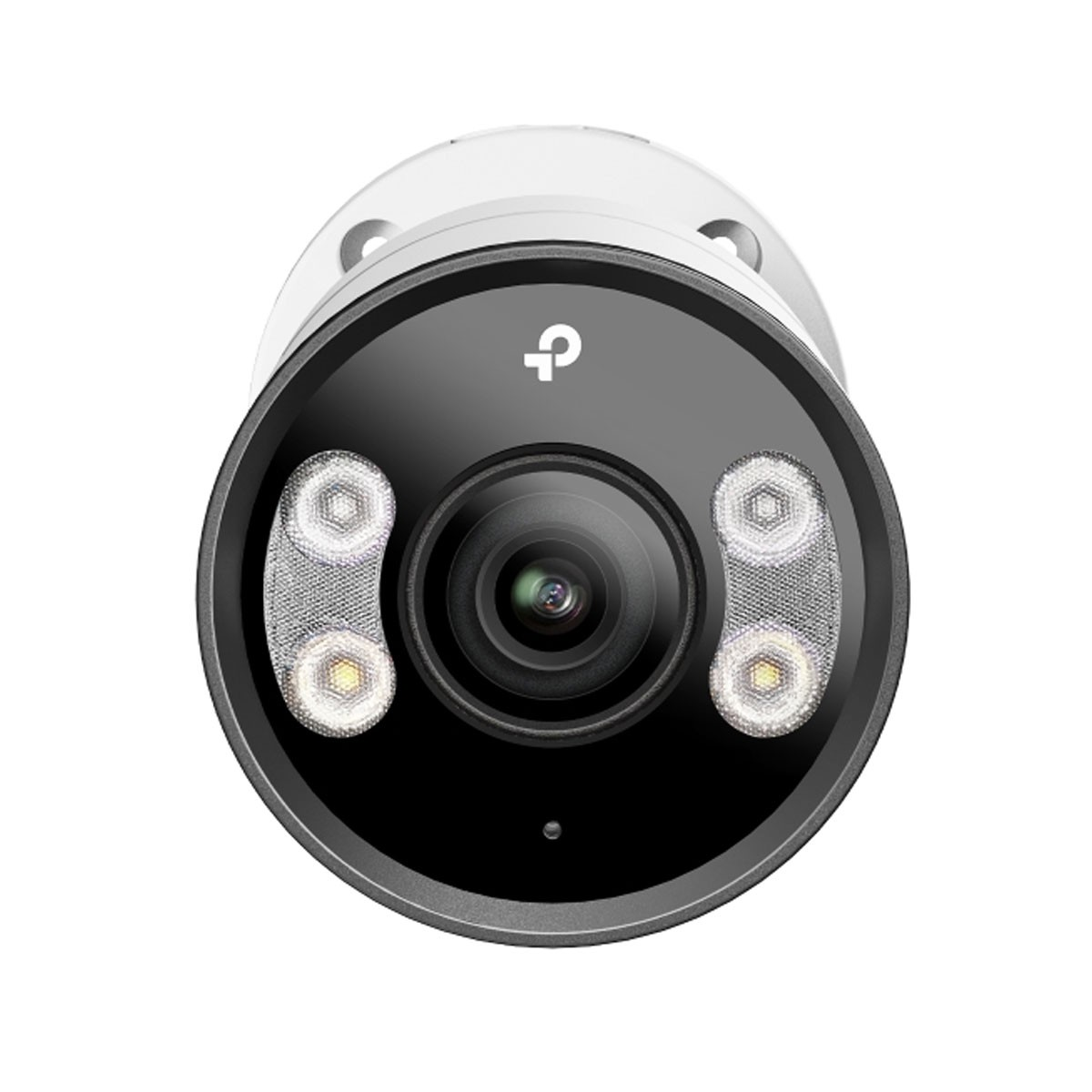 Kamera bezpieczeństwa z dwoma włączonymi światłami, zbliżenie. Tekst: Tp-link, obiektyw jest ostry.