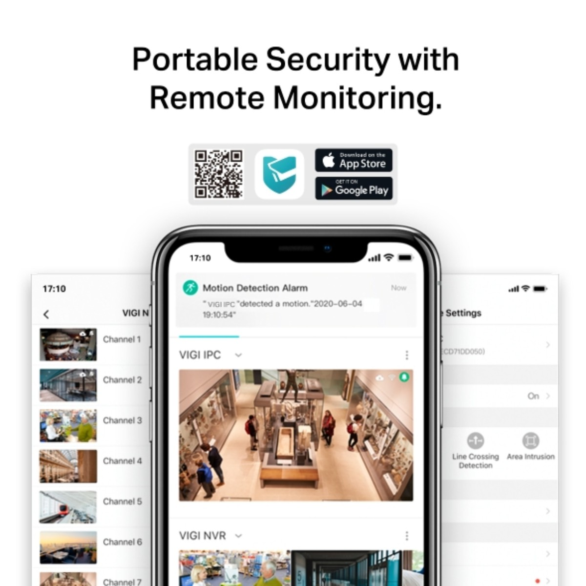Smartphone showing a security app with a building view. Text: Portable Security with Remote Monitoring.