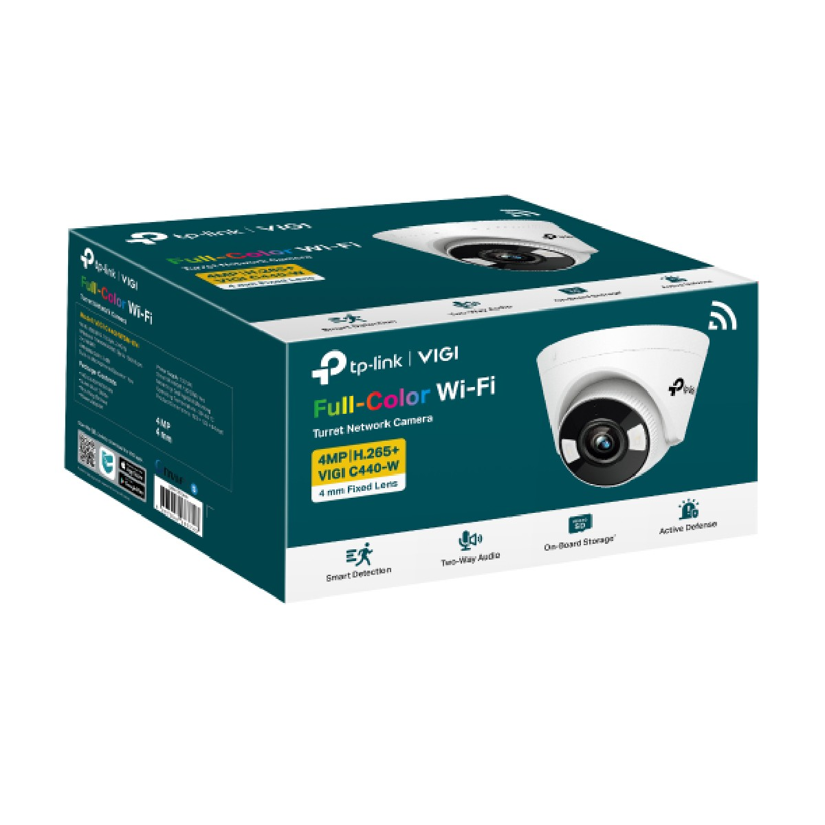 Box with a white security camera. Text: Full-Color Wi-Fi, Turret Network Camera.