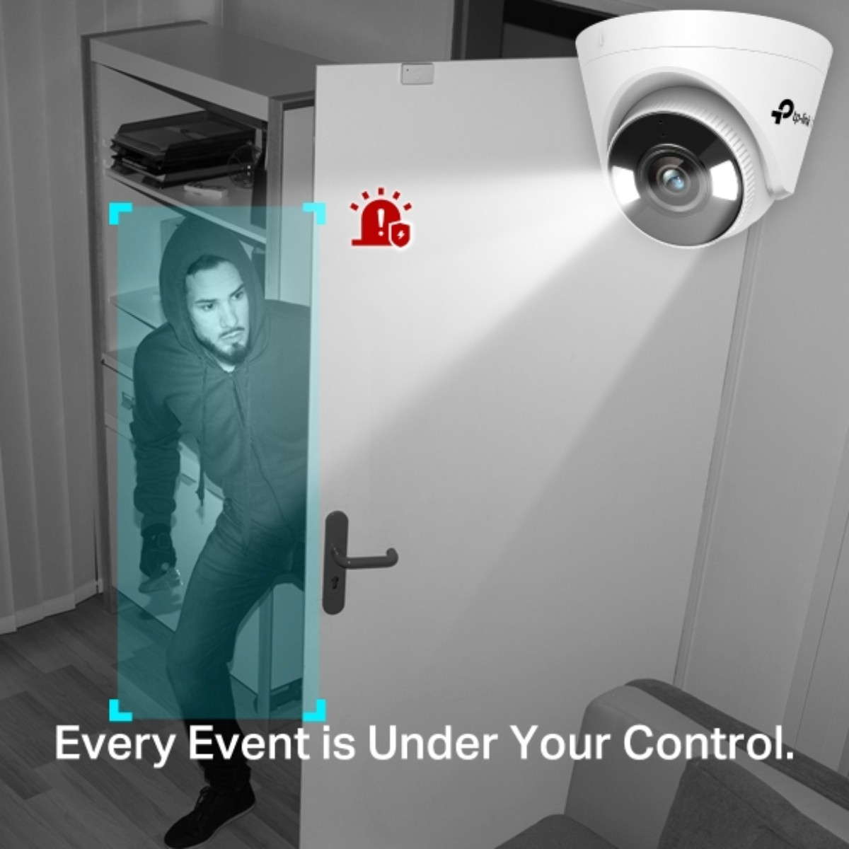 Man walking through a door, with a security camera pointed at him. Text: Every Event is Under Your Control.