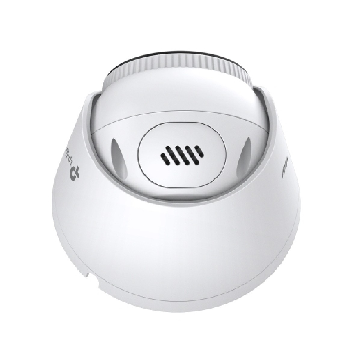 Biała kamera kopułkowa z czarnym wierzchem i kratką głośnika. Widoczne jest logo TP-Link.