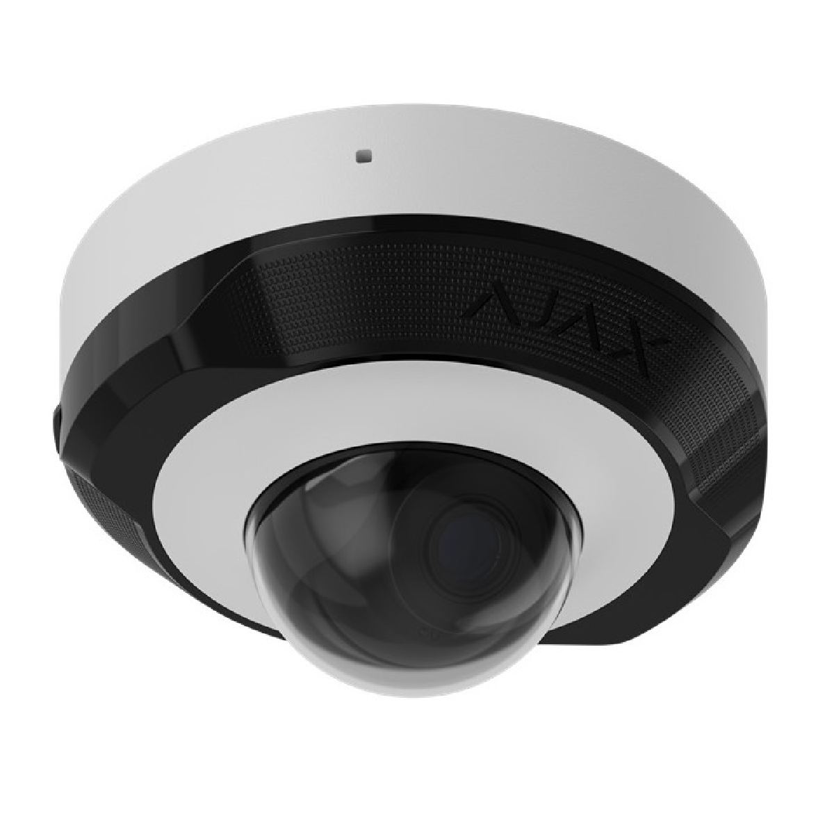 Cámara de seguridad domo blanca y negra con lente oscura y el logotipo AJAX.