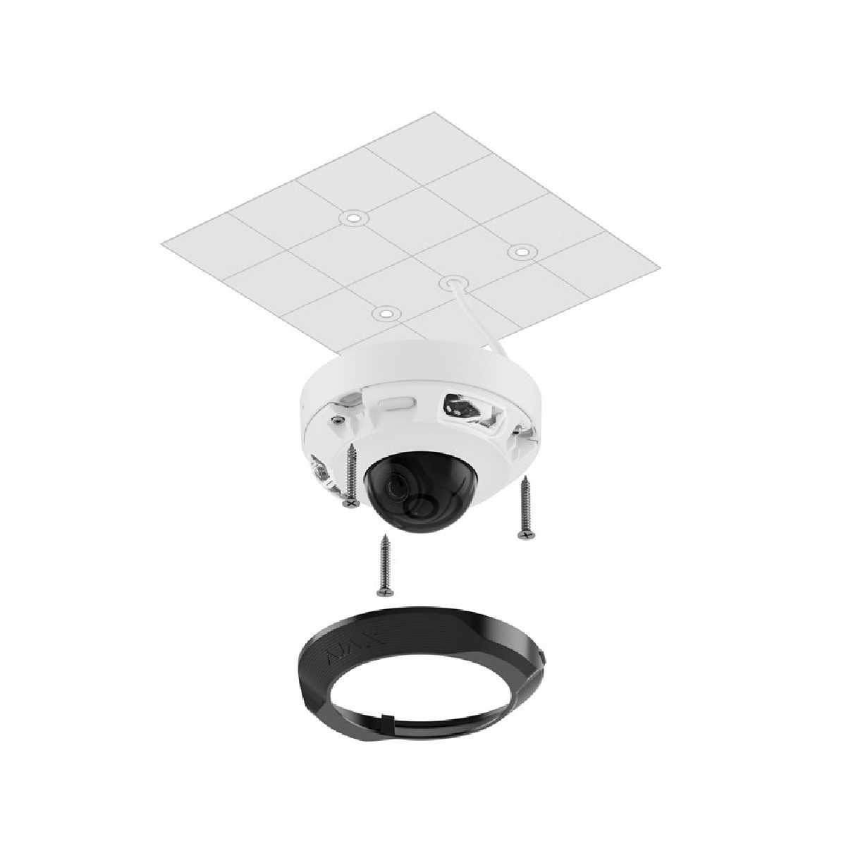 Cámara domo con tornillos y un soporte de montaje en un diagrama.