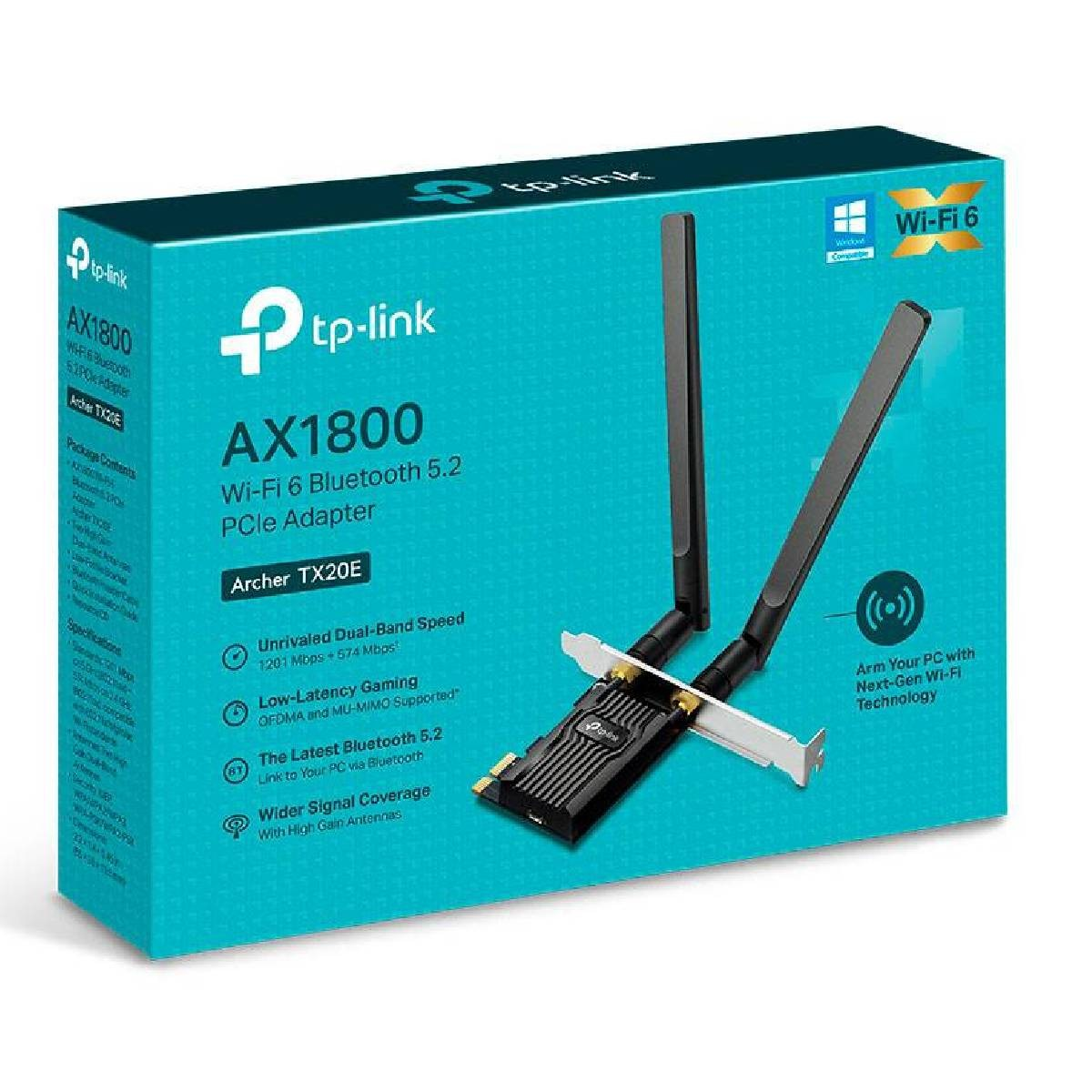 Pudełko adaptera TP-Link AX1800 Wi-Fi 6. Pudełko zawiera dwie anteny i listę funkcji.