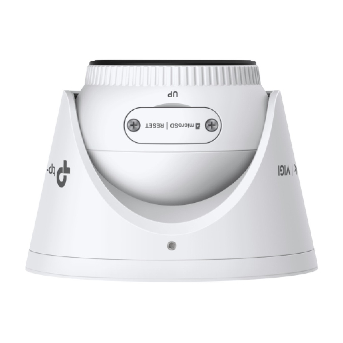 Biała kamera bezpieczeństwa z gniazdami reset i kart microSD. Słowo 'up' jest zaznaczone na górze.