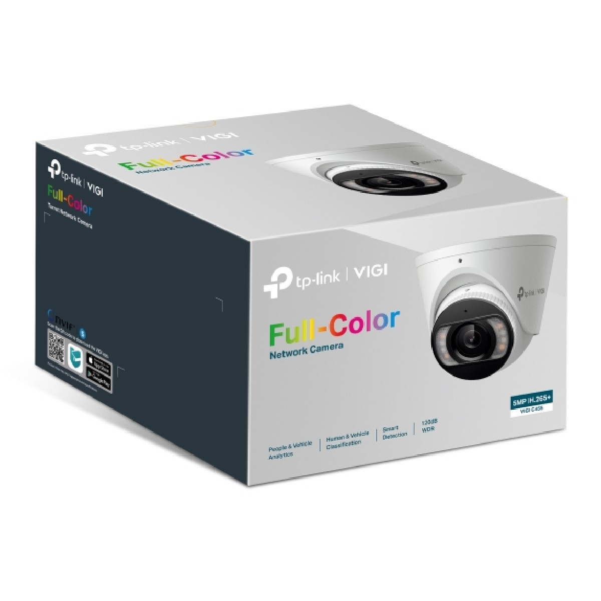 Pudełko kamery sieciowej TP-Link VIGI Full-Color. Na pudełku obraz kamery i wymienione funkcje.
