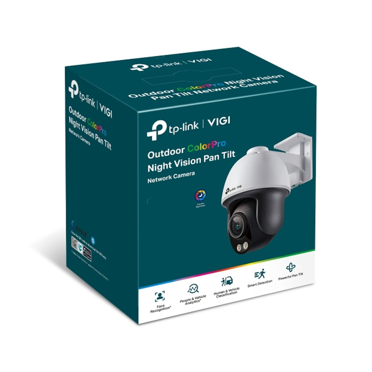 Pudełko kamery sieciowej TP-Link VIGI Outdoor ColorPro Night Vision Pan Tilt. Ze zdjęciem kamery i funkcjami.