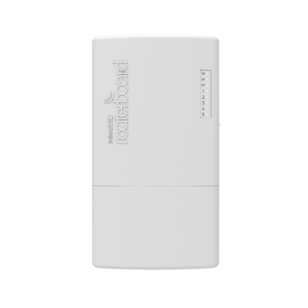Dispositivo MikroTik Routerboard bianco con un pulsante di accensione e diverse porte.