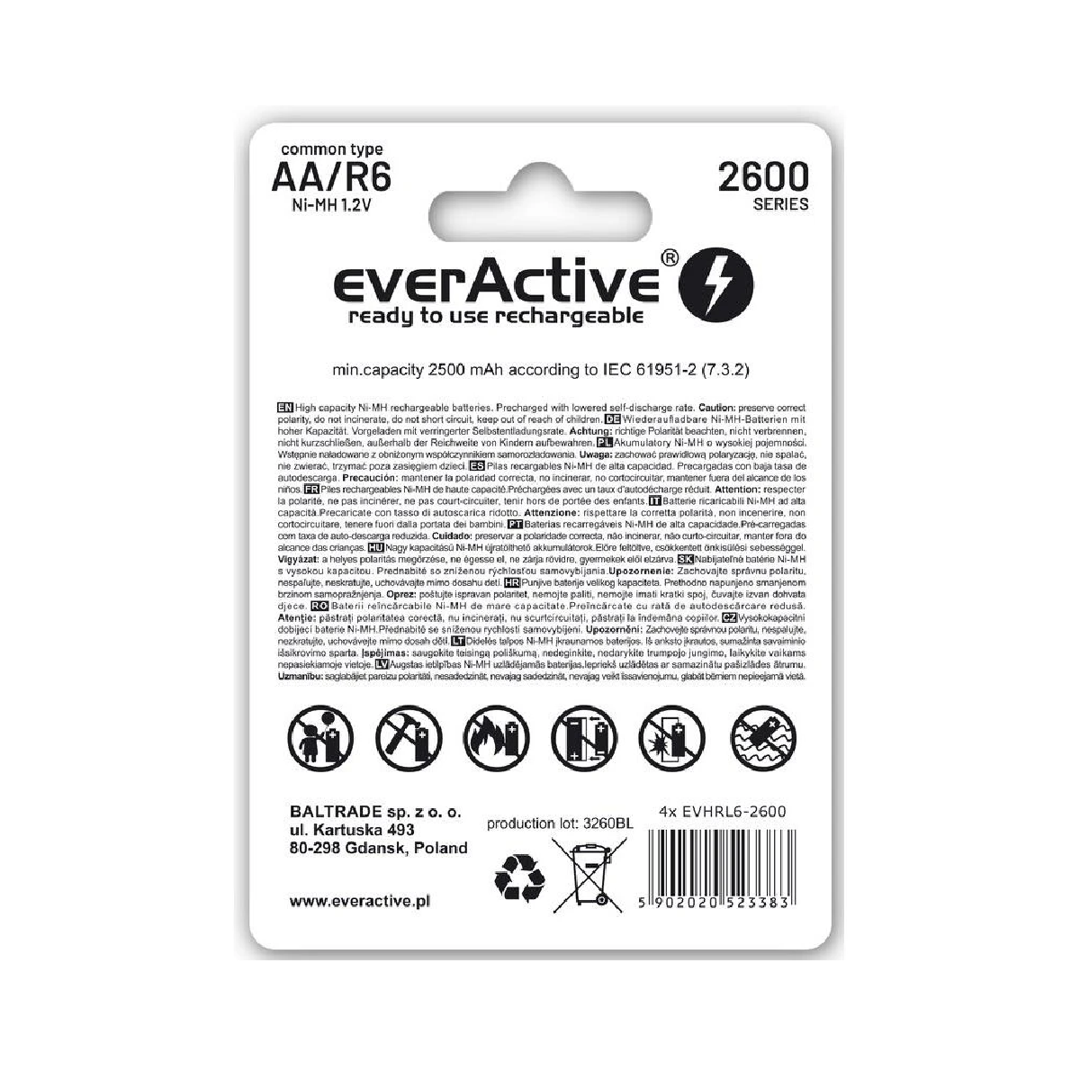Zestaw baterii AA/R6 Ni-MH ze szczegółami produktu. Czarno-biały design. Marka: everActive.