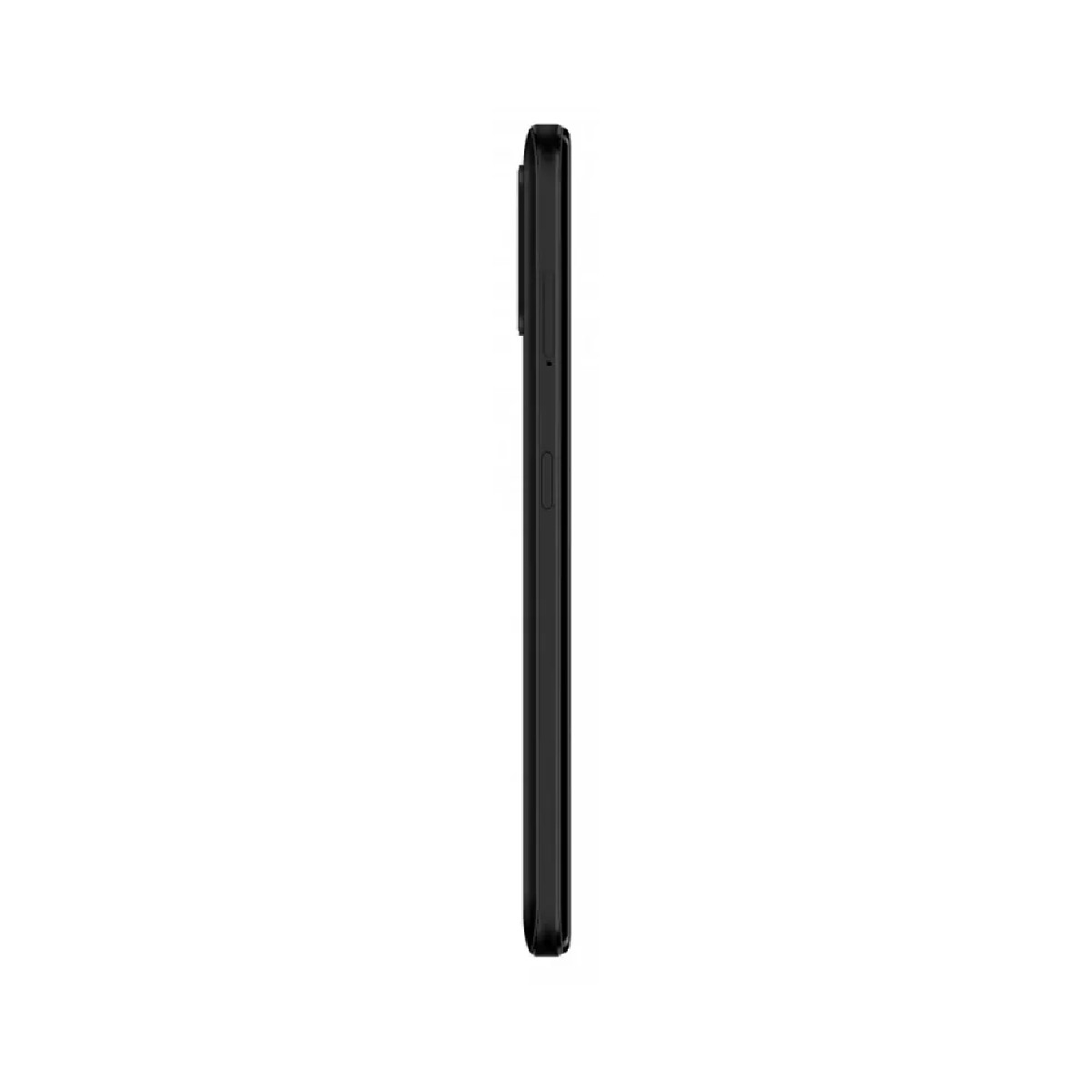 Seitenansicht eines schwarzen Smartphones mit Kameramodul und Lautstärketaste.