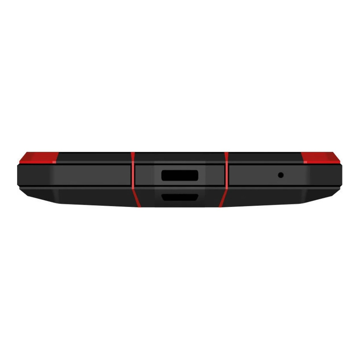Vista inferior de un smartphone negro y rojo. Muestra un puerto de carga y orificios para altavoces.