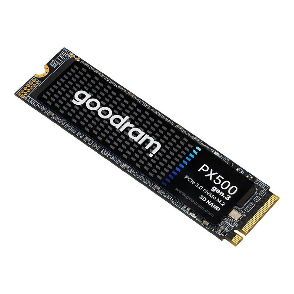 SSD Goodram PX500 sur fond blanc. Affiche le nom de la marque, le modèle et d'autres détails.