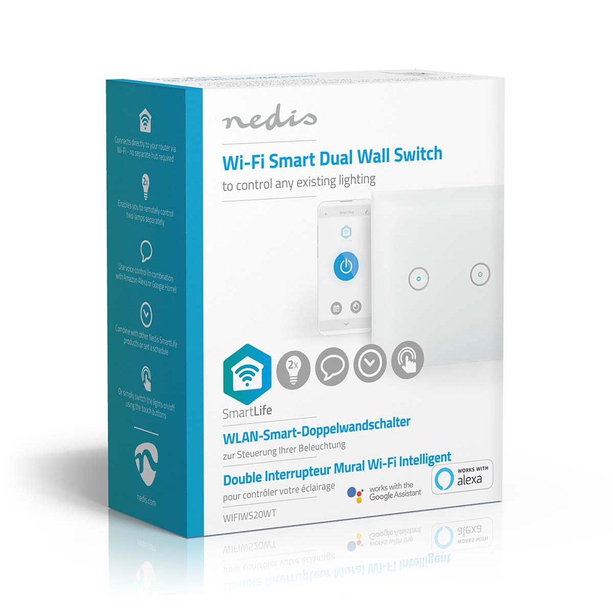 Box mit Smart-Schalter, Telefon und Symbolen. Die Box ist weiß und blau mit Text.