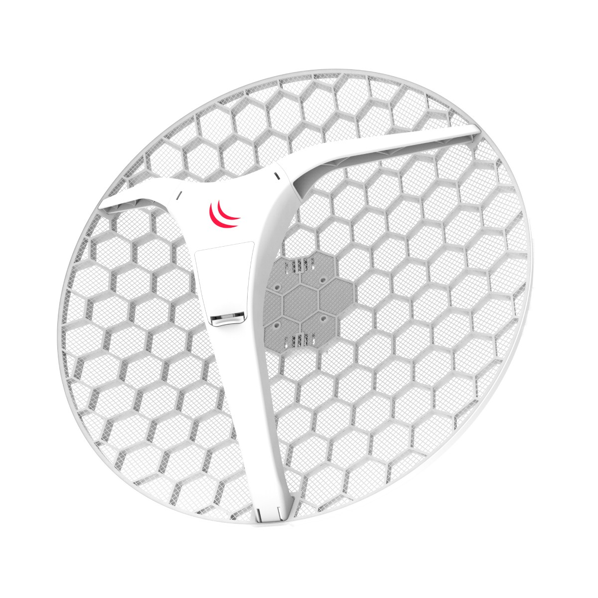 Antenna circolare bianca con motivo a nido d'ape e logo rosso. È su sfondo bianco.