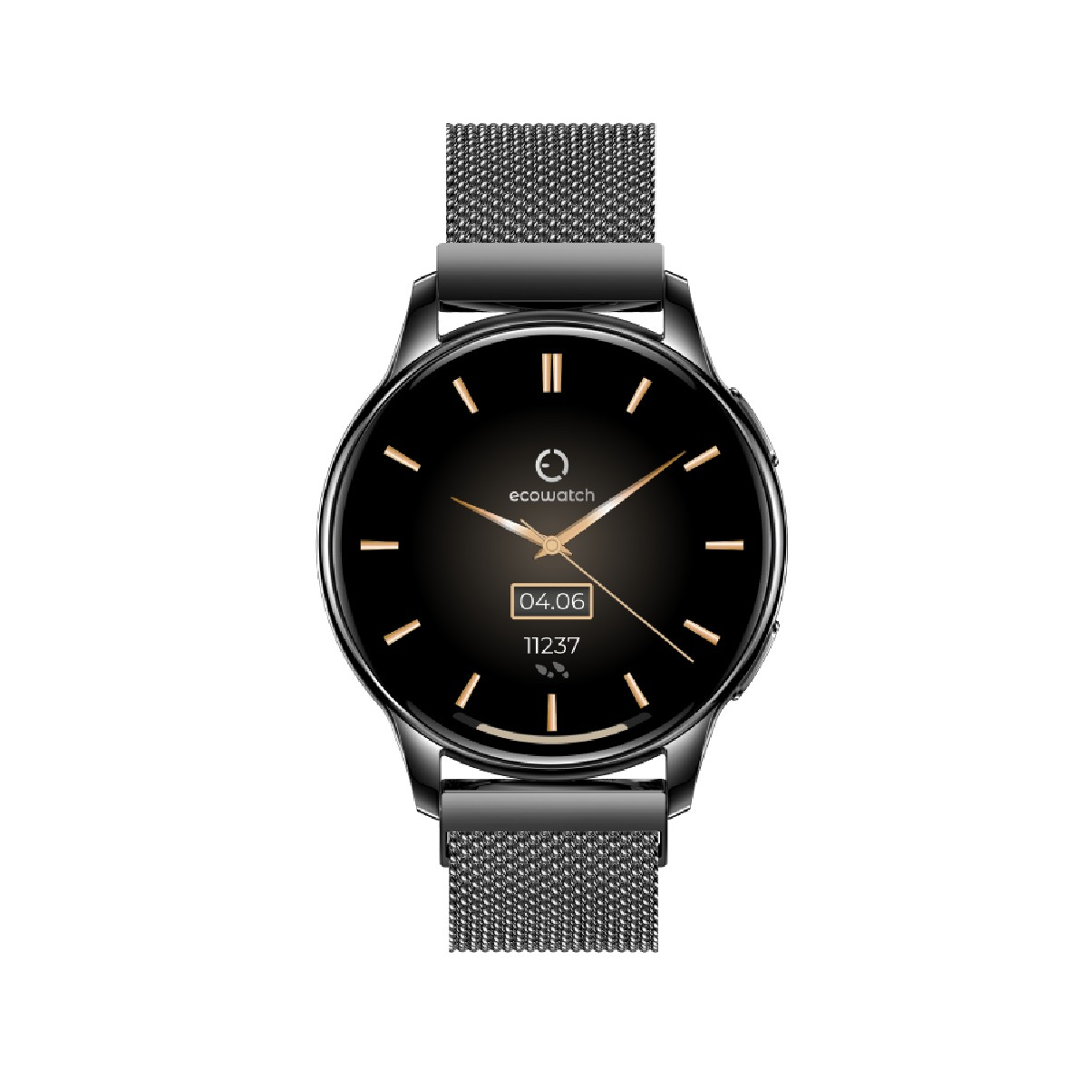 Smartwatch nero con schermo scuro, bordo argentato e cinturino in rete metallica. Visualizza l'ora.