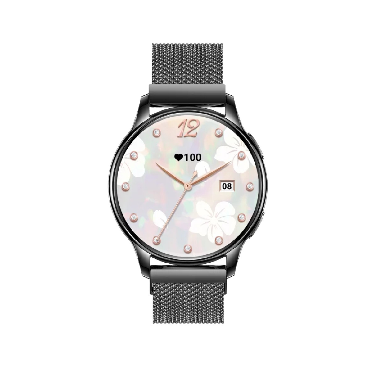 Smartwatch argentato con quadrante rotondo, design floreale e cinturino in rete metallica. Visualizza ora e cuore.