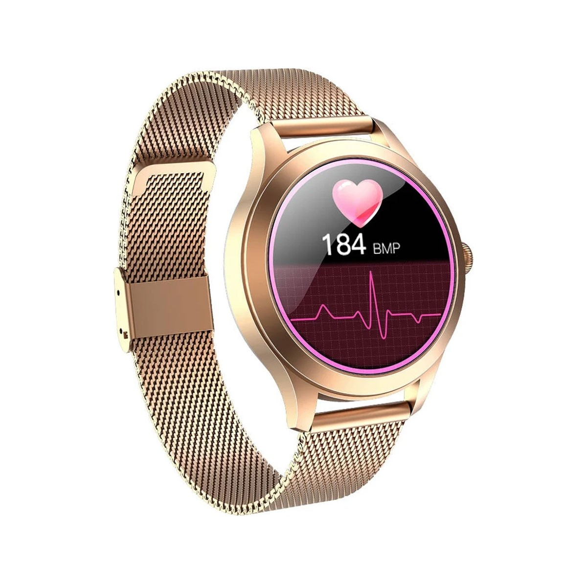 Złoty smartwatch z okrągłym ekranem wyświetlającym tętno i różową ikoną serca. Metalowa bransoleta.