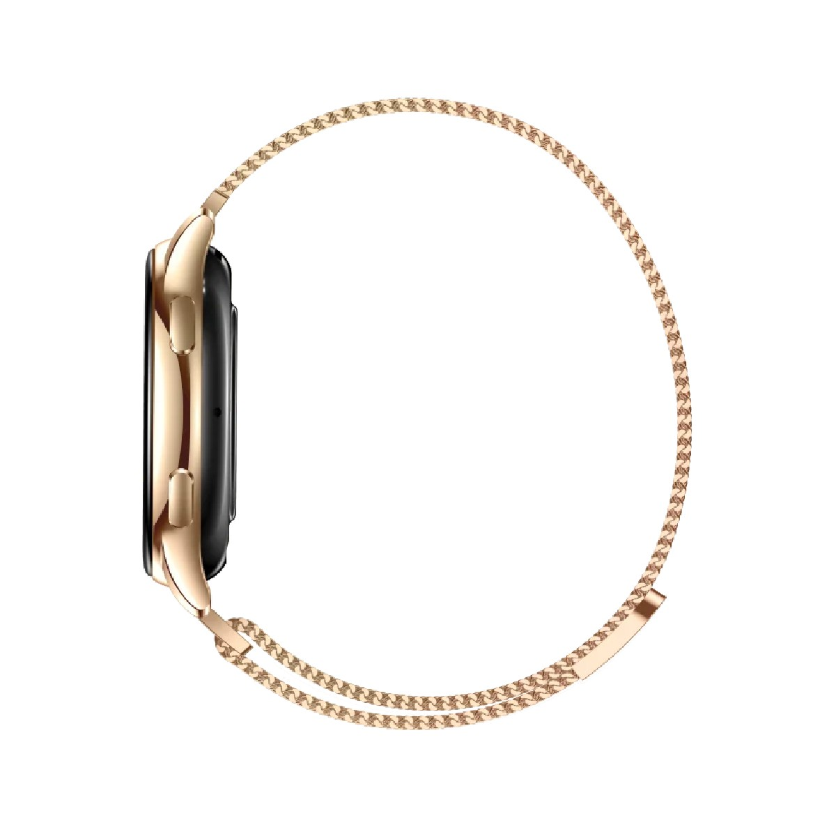 Widok z boku zegarka Smartwatch w kolorze różowego złota z siatkowym paskiem, pokazujący profil zegarka.