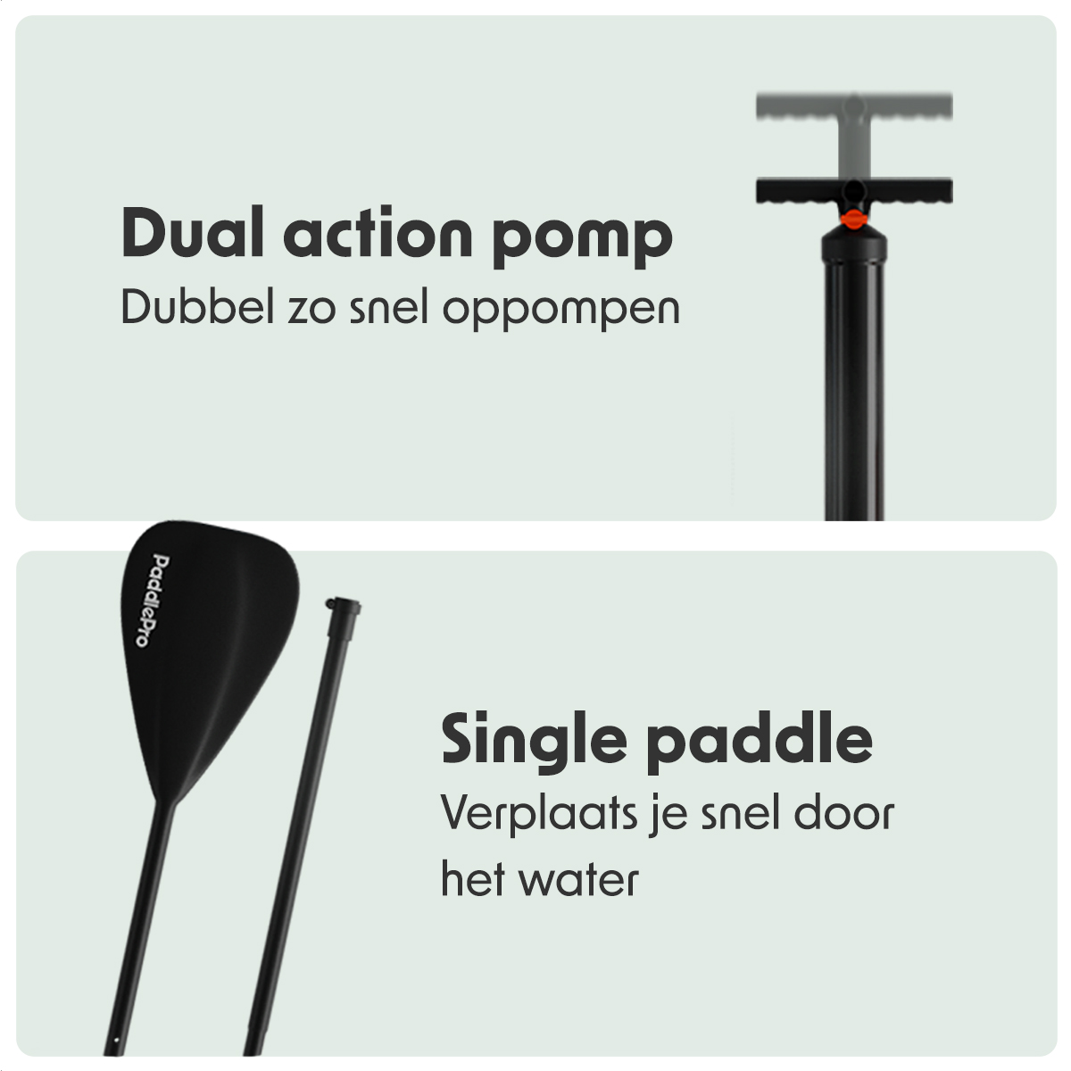 Details einer Doppelhubpumpe und eines Einzelpaddels für ein SUP-Paket.