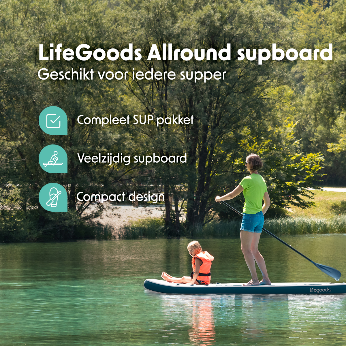 Femme et enfant sur un paddleboard sur l'eau. Texte : Planche de sup polyvalente, adaptée à tous les soupers.