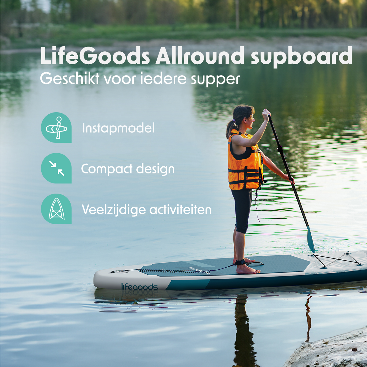 Woman on a SUP board paddling. Text highlights features: instamodel, compact design, and versatile activities.