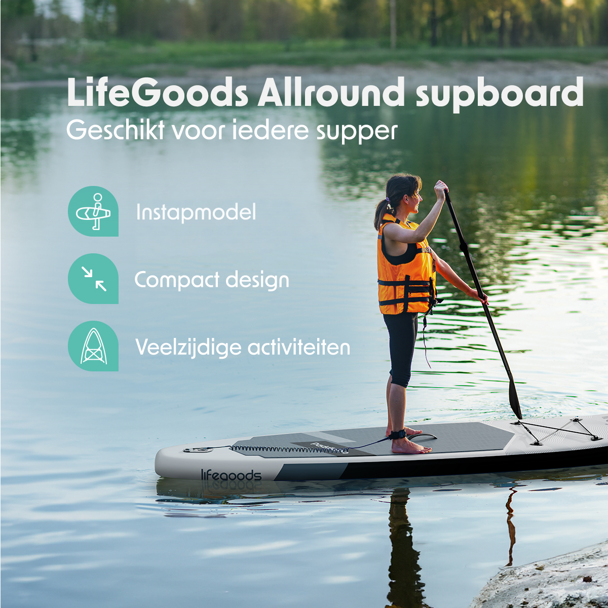 Frau auf einem SUP-Board beim Paddeln. Text hebt hervor: Instamodell, kompaktes Design und vielseitige Aktivitäten.