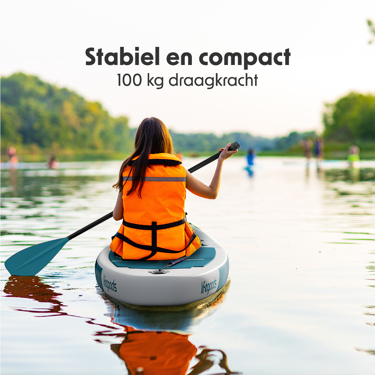 Woman on a SUP board paddling. Text highlights: stable and compact, with 100 kg capacity.