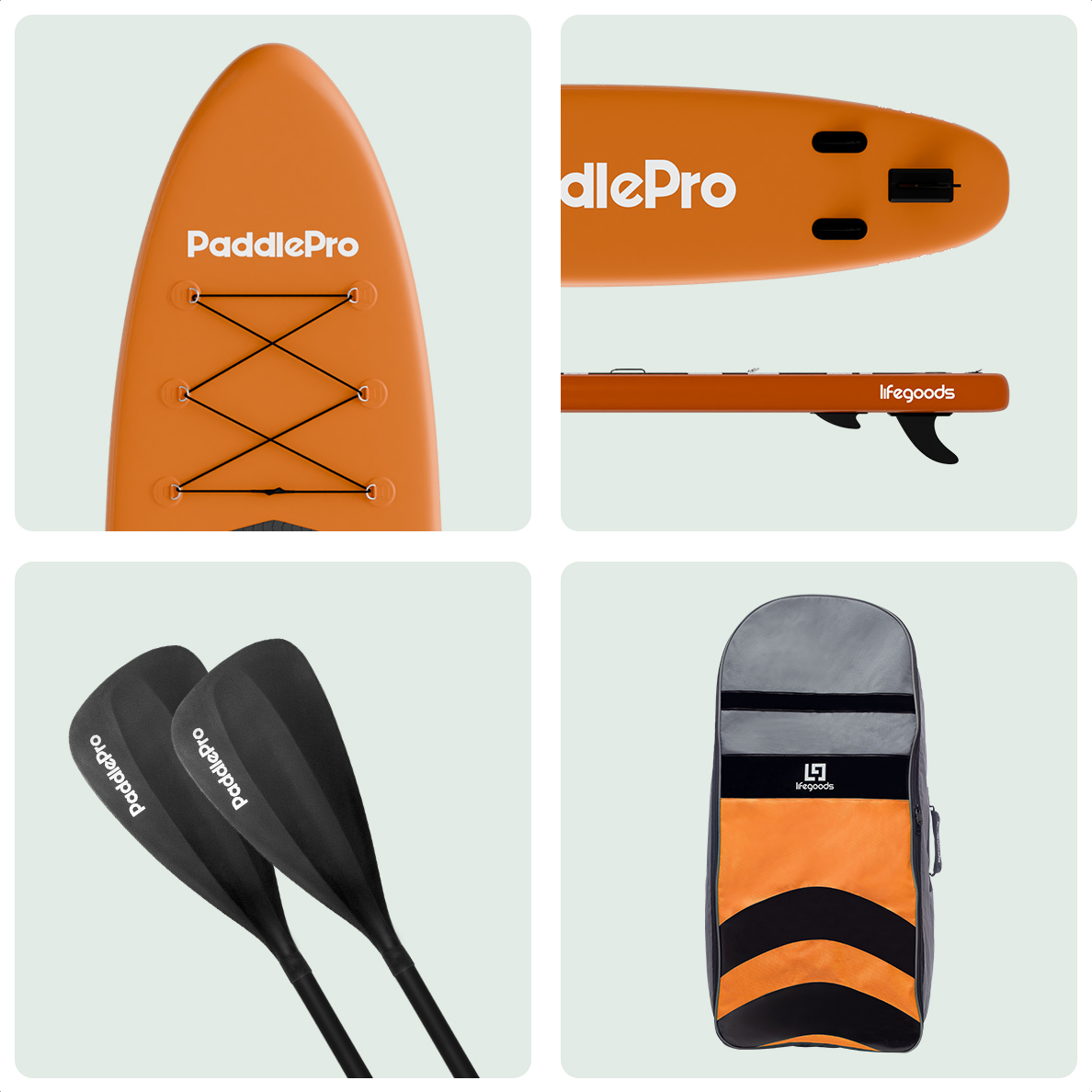 Vier Bilder: SUP-Board, Draufsicht und Seitenansicht; zwei Paddel; und eine Tasche. Alles orange und weiß.