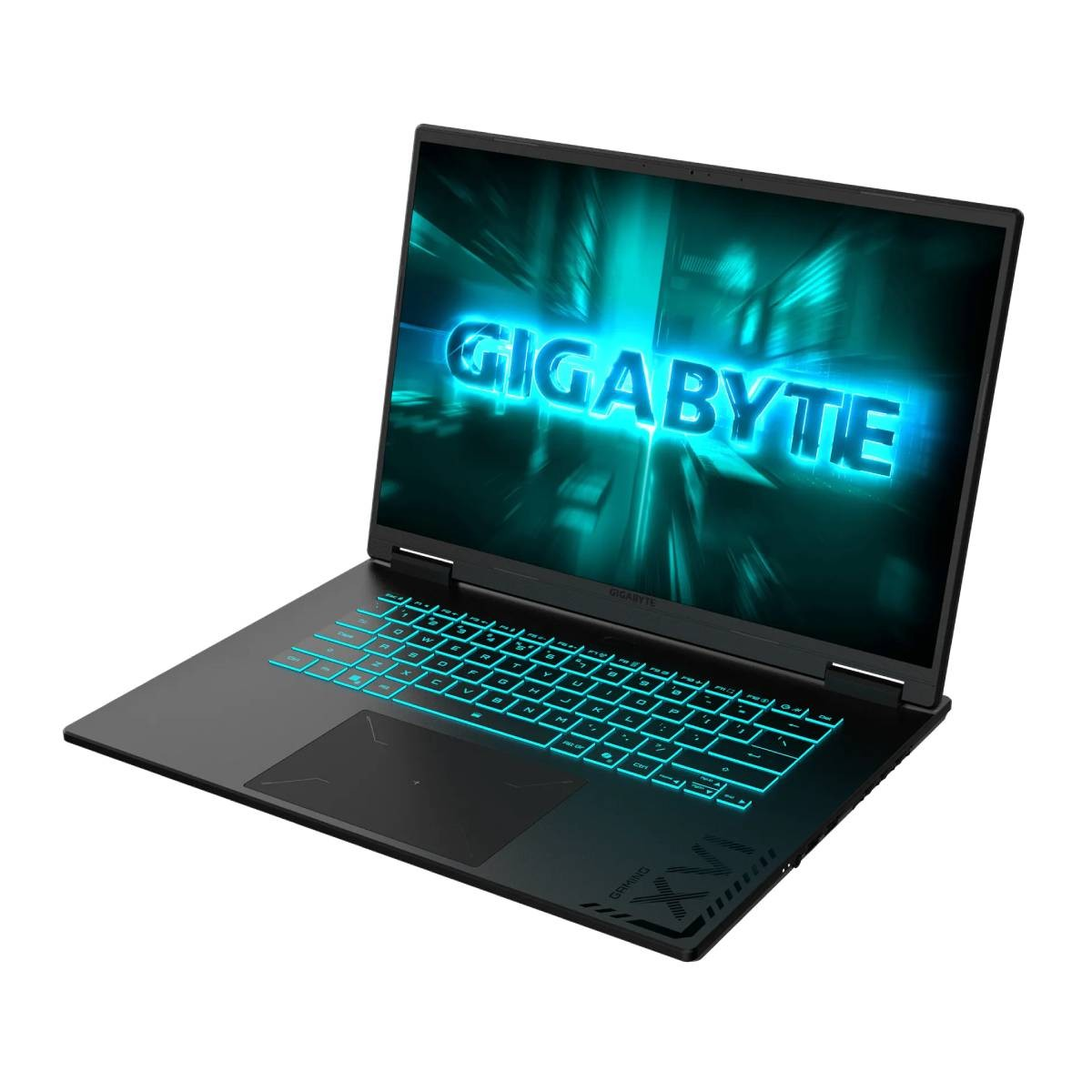Czarny i szary laptop Gigabyte z podświetlaną klawiaturą, wyświetlający niebieskie neonowe logo Gigabyte.