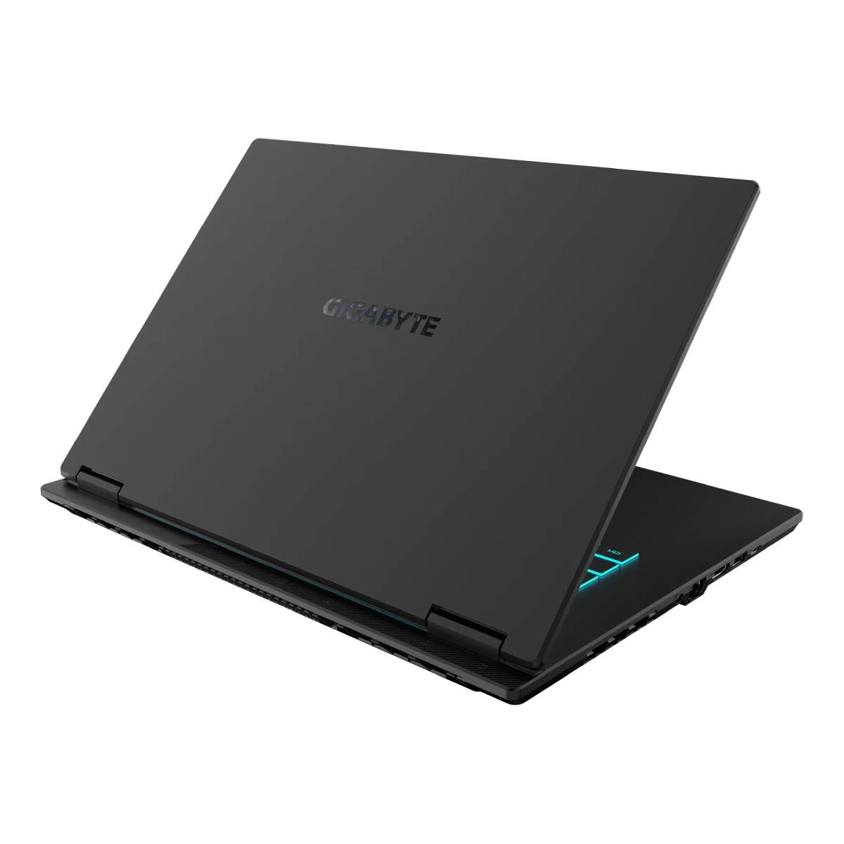 Czarny laptop, widok z tyłu, pokazujący logo GIGABYTE.