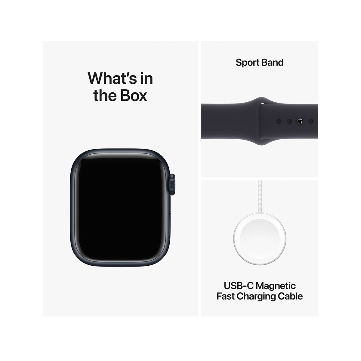 Apple Watch en caja, correa deportiva negra y cable de carga magnético.