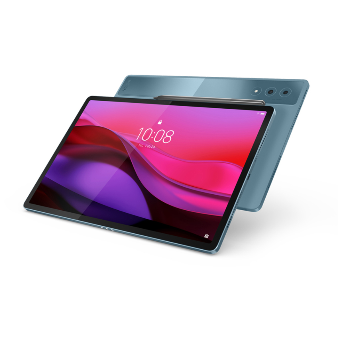 Ein blaues Tablet mit einem Stift. Ein pinkfarbener und violetter Bildschirm zeigt die Uhrzeit.