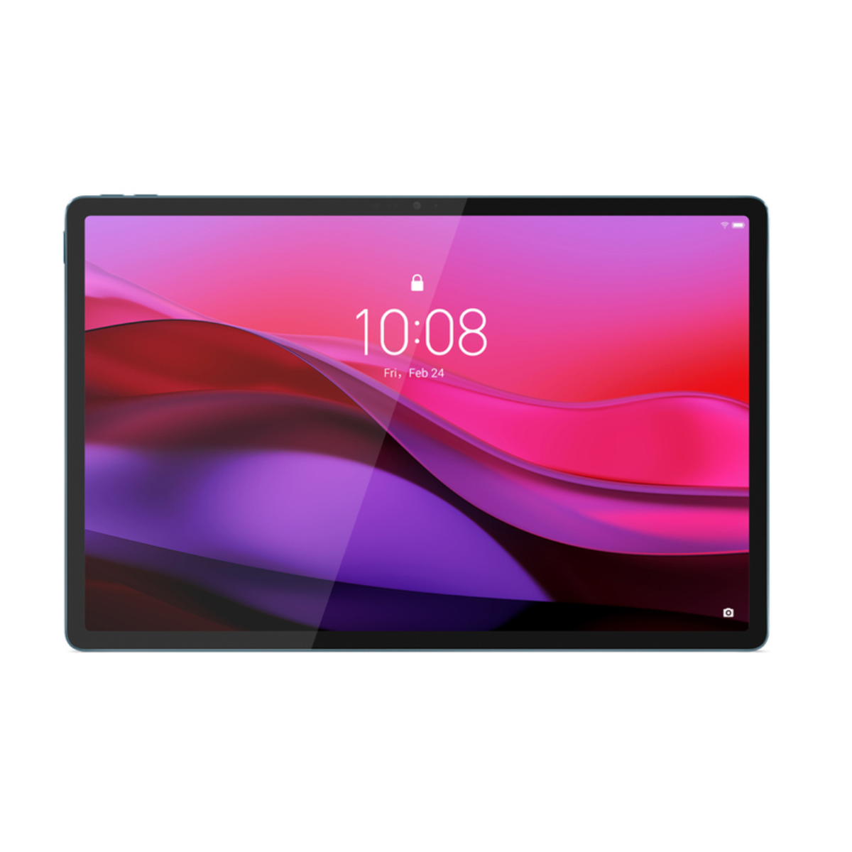 Tablet, Vorderansicht, zeigt einen rosa-lila Bildschirm mit Uhrzeit und Datum. Blauer Rahmen.