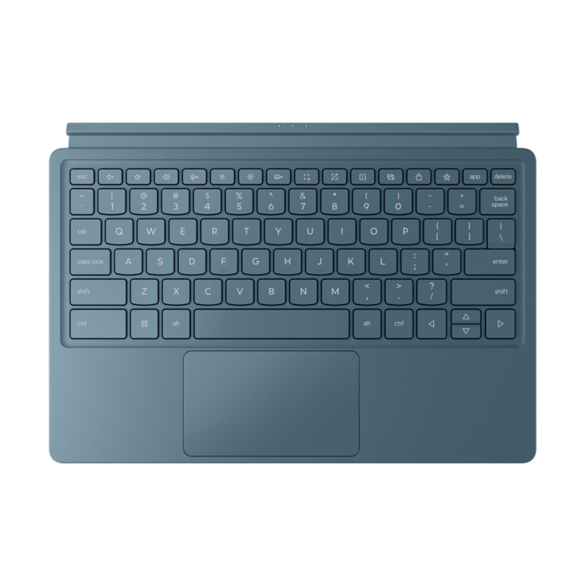 Blaue Lenovo-Tastatur mit einem Trackpad.