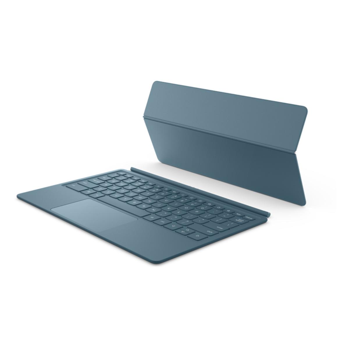 Blaues Tastatur- und Cover-Set auf weißem Hintergrund. Das Cover ist gefaltet und steht aufrecht.