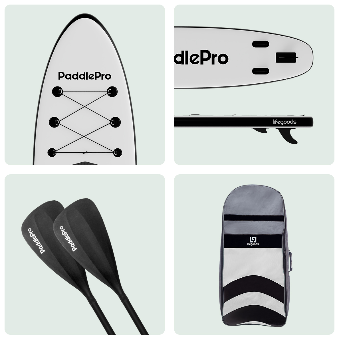 PaddlePro supboard details: front, side, paddle details, and bag.