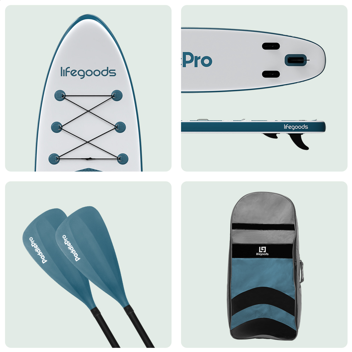 Close-up beelden van een paddleboard, met details van de boven-, onder- en zijkant, en peddels.