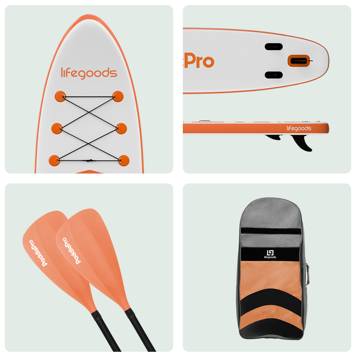 Close-up beelden van een paddleboard, met details van de boven-, onder- en zijkant, en peddels.