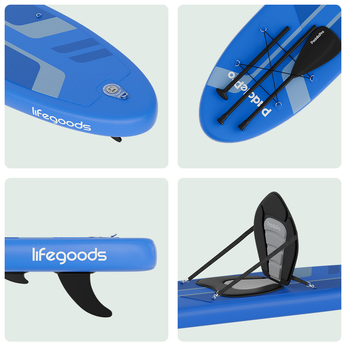 Paddleboard-Details. Nahaufnahmen von Bug, Finne und einem Sitzbefestigung.