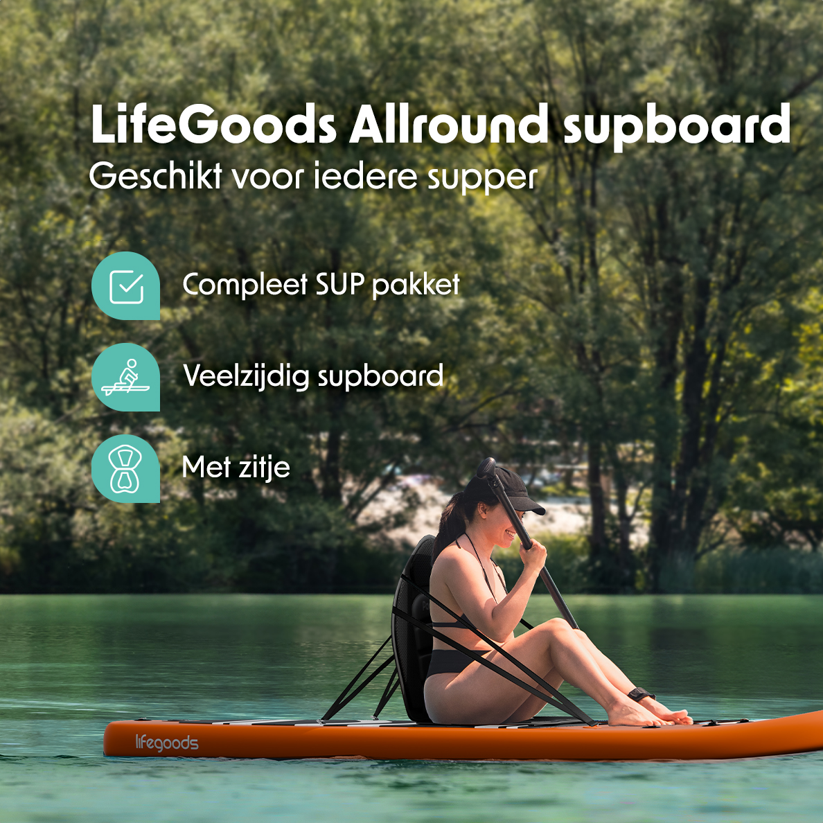 A woman sits on an orange paddleboard with a backrest, paddling on a lake. Text says 'Allround supboard'.