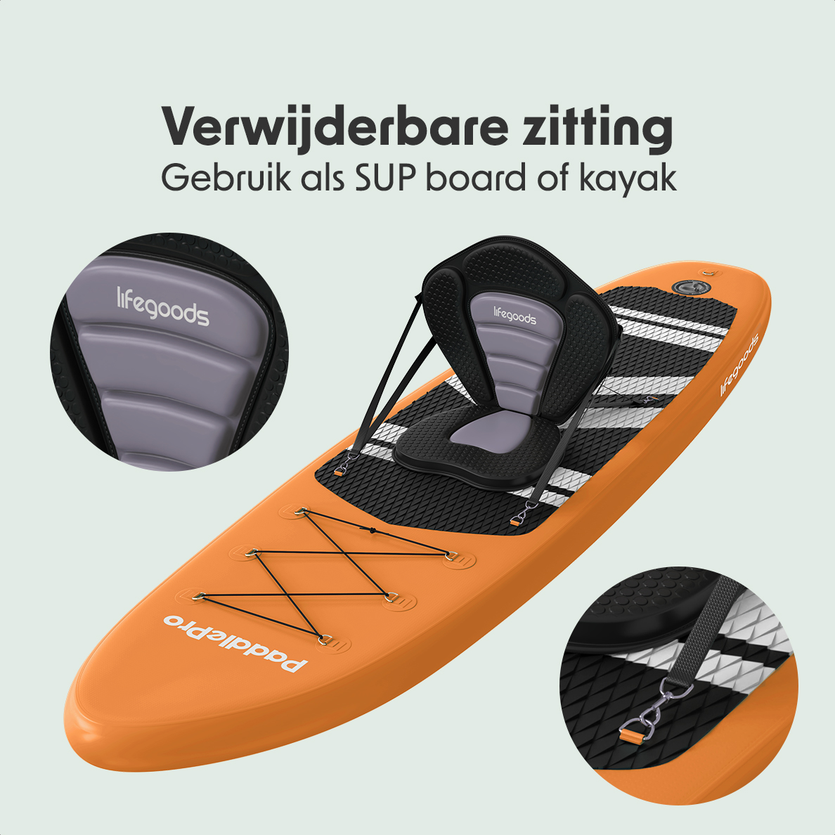 Orange SUP board with a seat attached. Close-up of seat and details. White background.
