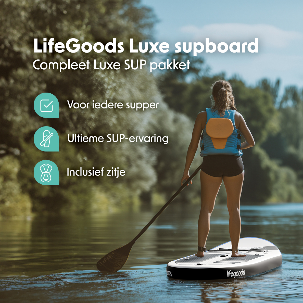 Eine Frau steht auf einem Paddleboard und paddelt. Text: 'Luxe supboard', 'Komplettes SUP-Paket'.