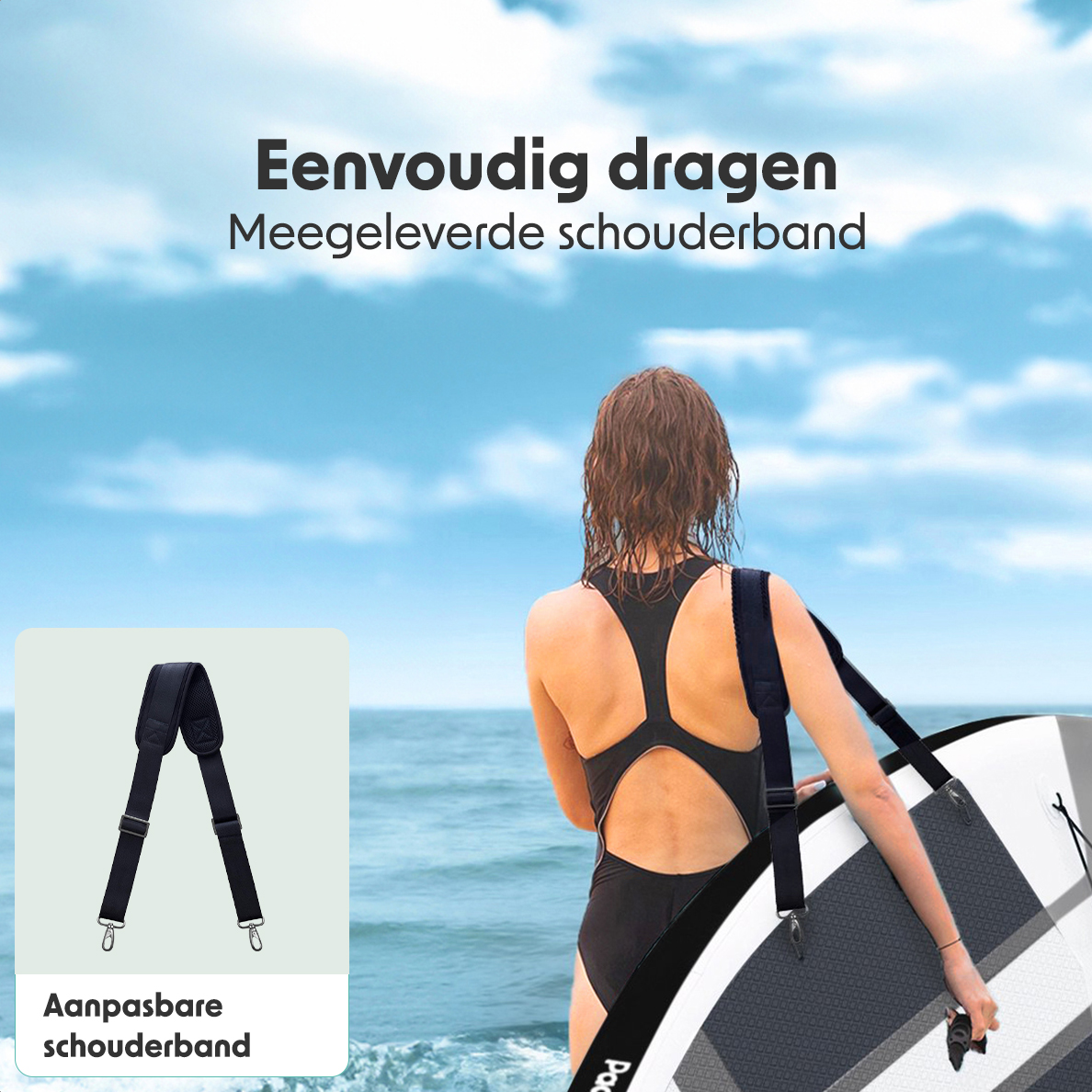Frau mit SUP-Board und Schultergurt. Hintergrund: Wasser und Himmel.