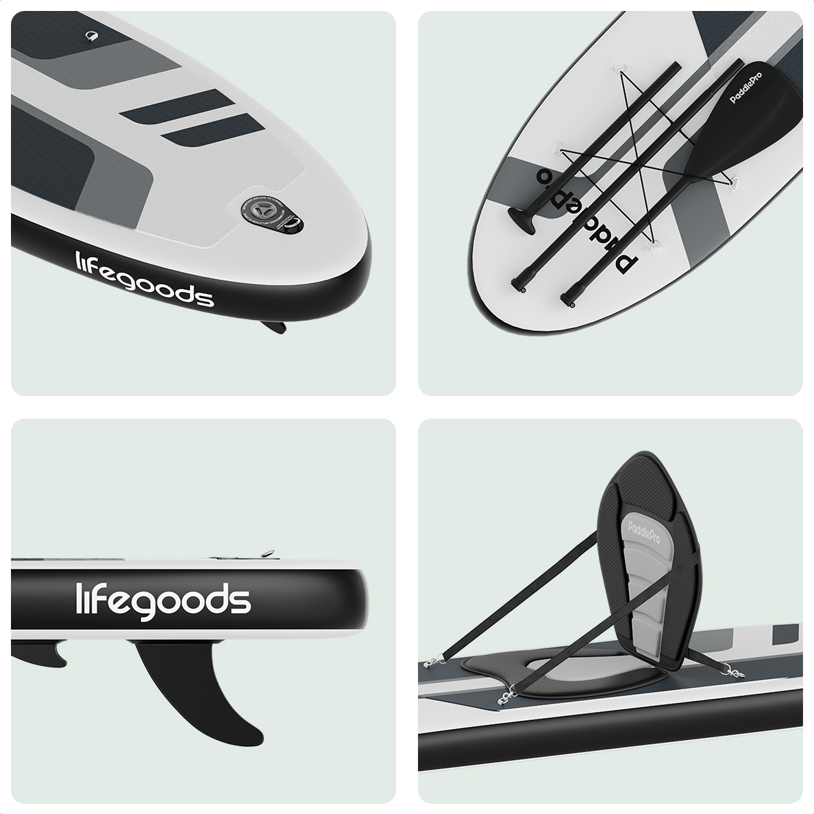 Nahaufnahme von SUP-Board-Teilen: Nase, Finne, Paddelhalter und Sitz. Weißes und graues Design. Marke: Lifegoods.