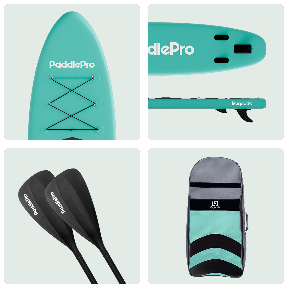Close-up van teal PaddlePro SUP board onderdelen: bungee koord, antislip dek, anti-UV coating en lekvrije ventiel.