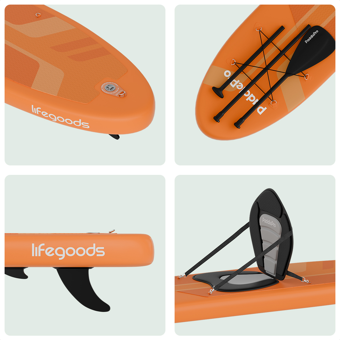 Close-up beelden van een oranje SUP-board met peddel, vin en zitje.