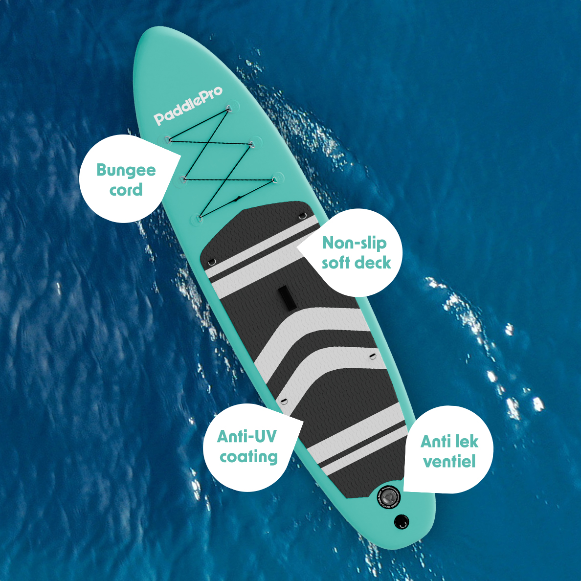 Teal PaddlePro SUP board met bungee koord, antislip dek, anti-UV coating en lekvrije ventiel. Van bovenaf bekeken.