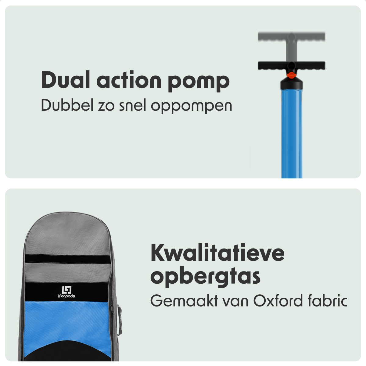 Dual action pomp en opbergtas. Tekst: Dual action pomp, verdubbelt de snelheid. Tas gemaakt van Oxford stof.