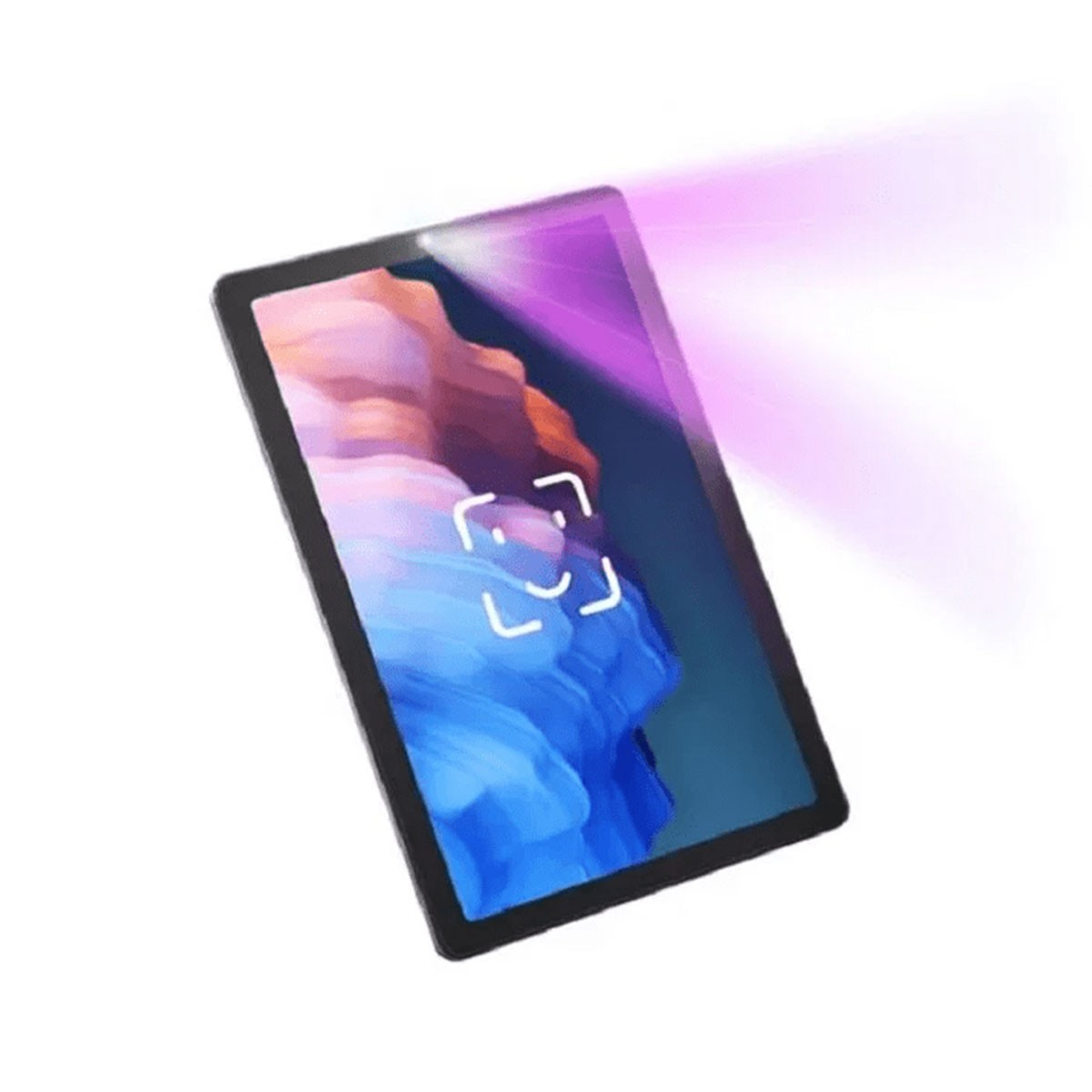 Tablet z ekranem wyświetlającym kolorowy obraz, z wiązką światła.